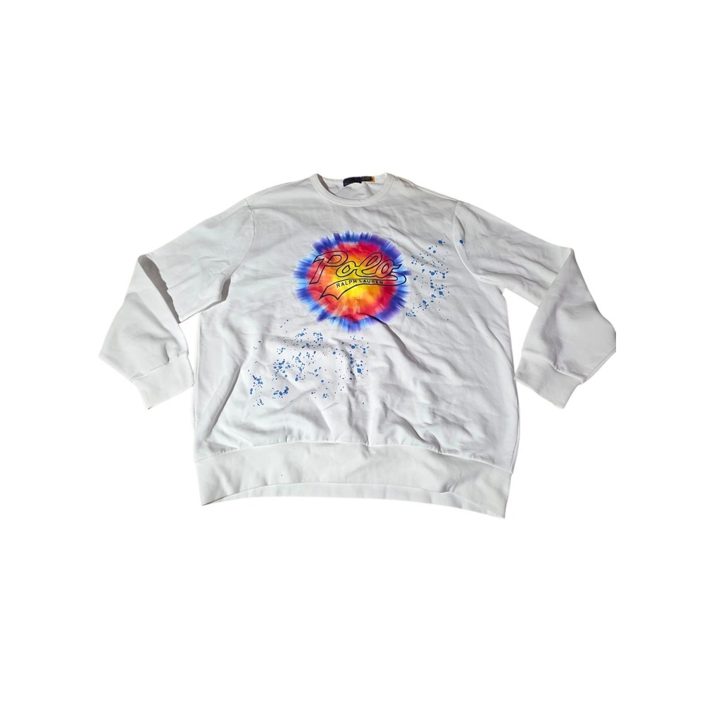 Polo Ralph Lauren Tie Dye Logo Crewneck Sweatshirt Mens XXL White Blue Splatter - Picture 2 of 10